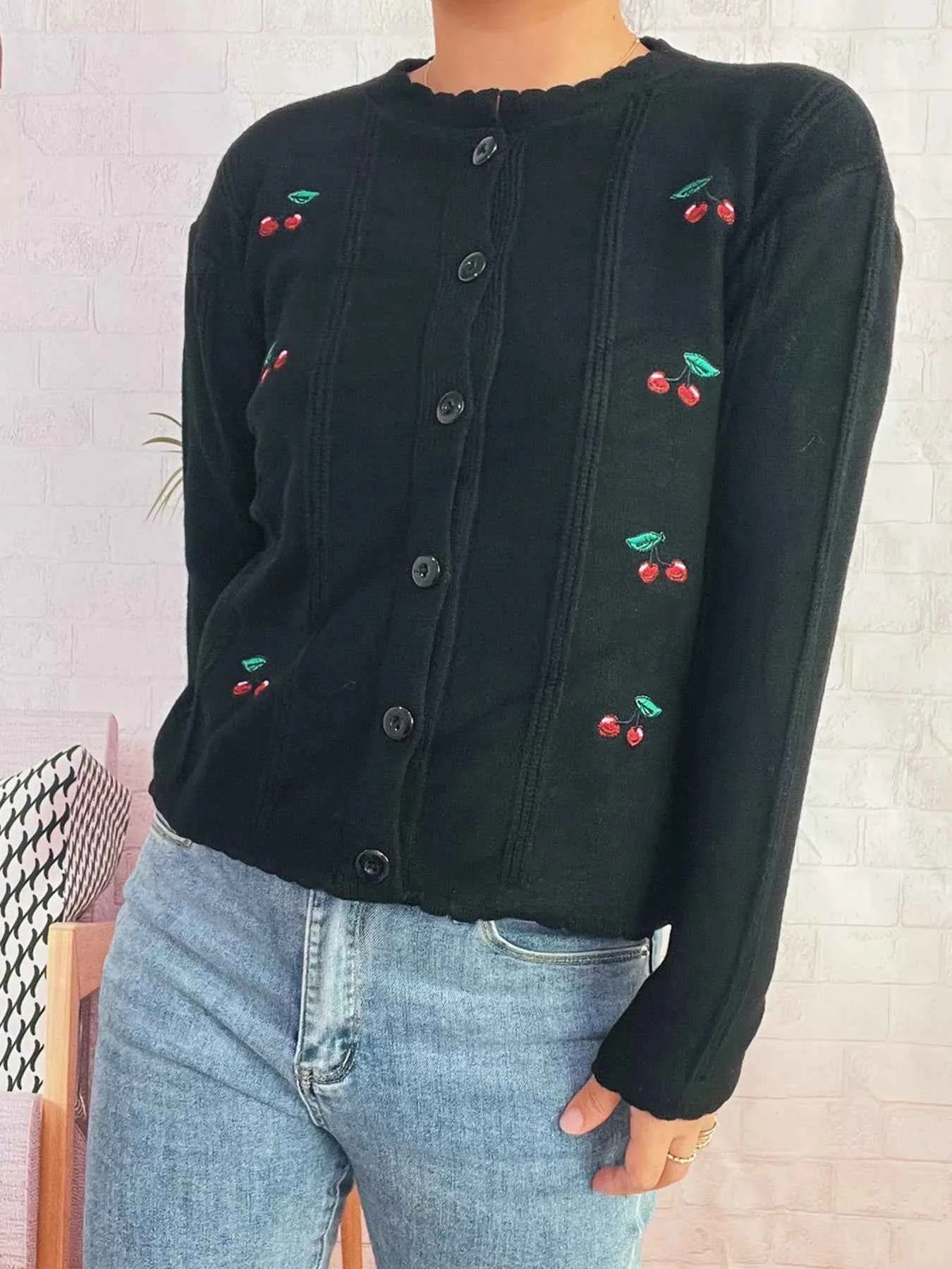 Cherry Embroidered Button Up Cardigan Black One Size cce960b2760c41e5b6f5895a1b66e099-Max-Origin