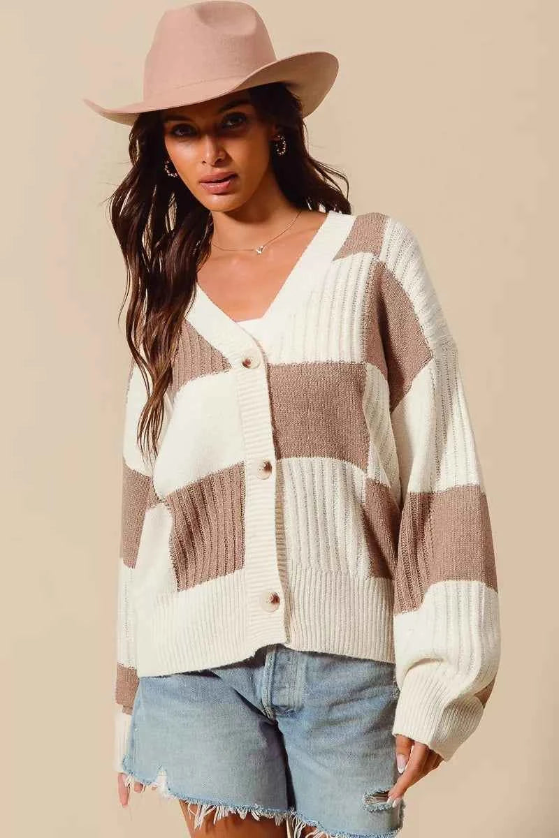 SO ME Checkered Button Front Ribbed Sweater Cardigan ccf0f860b6bd49d28191b38b6f21f1dc-Max-Origin
