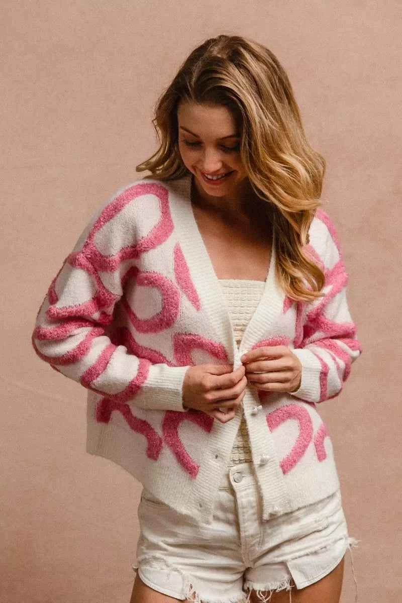 BiBi Textured Heart Buttoned V Neck Cardigan ccf1994f027641519134d7f6e0a35ab1-Max-Origin