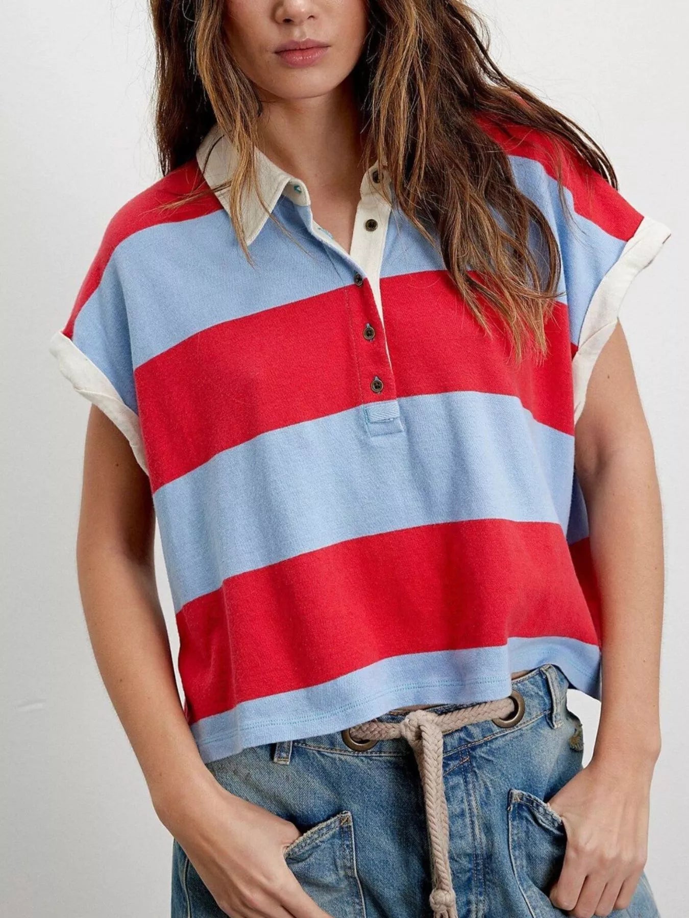 Half Button Striped Short Sleeve Cropped Polo Shirt Deep Red ccf2d699-f0d4-4cb9-9b86-3505b6823ed8-Max-Origin