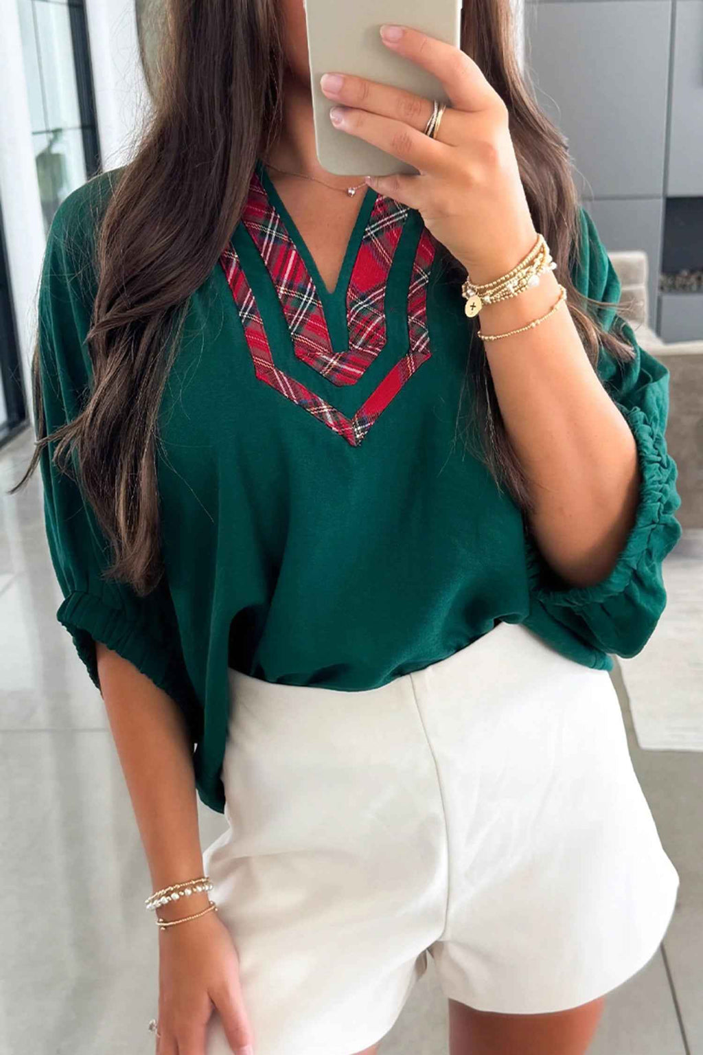 Evergreen Contrast Plaid Patchwork V Neck Half Sleeve Blouse Evergreen 80%Viscose+20%Polyamide ccf47c3f1685b9a4