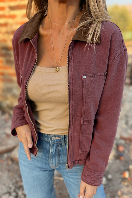 Coffee Corduroy Collar Zipped Front Denim Jacket Coffee 100%Cotton ccf4809eae83b6de