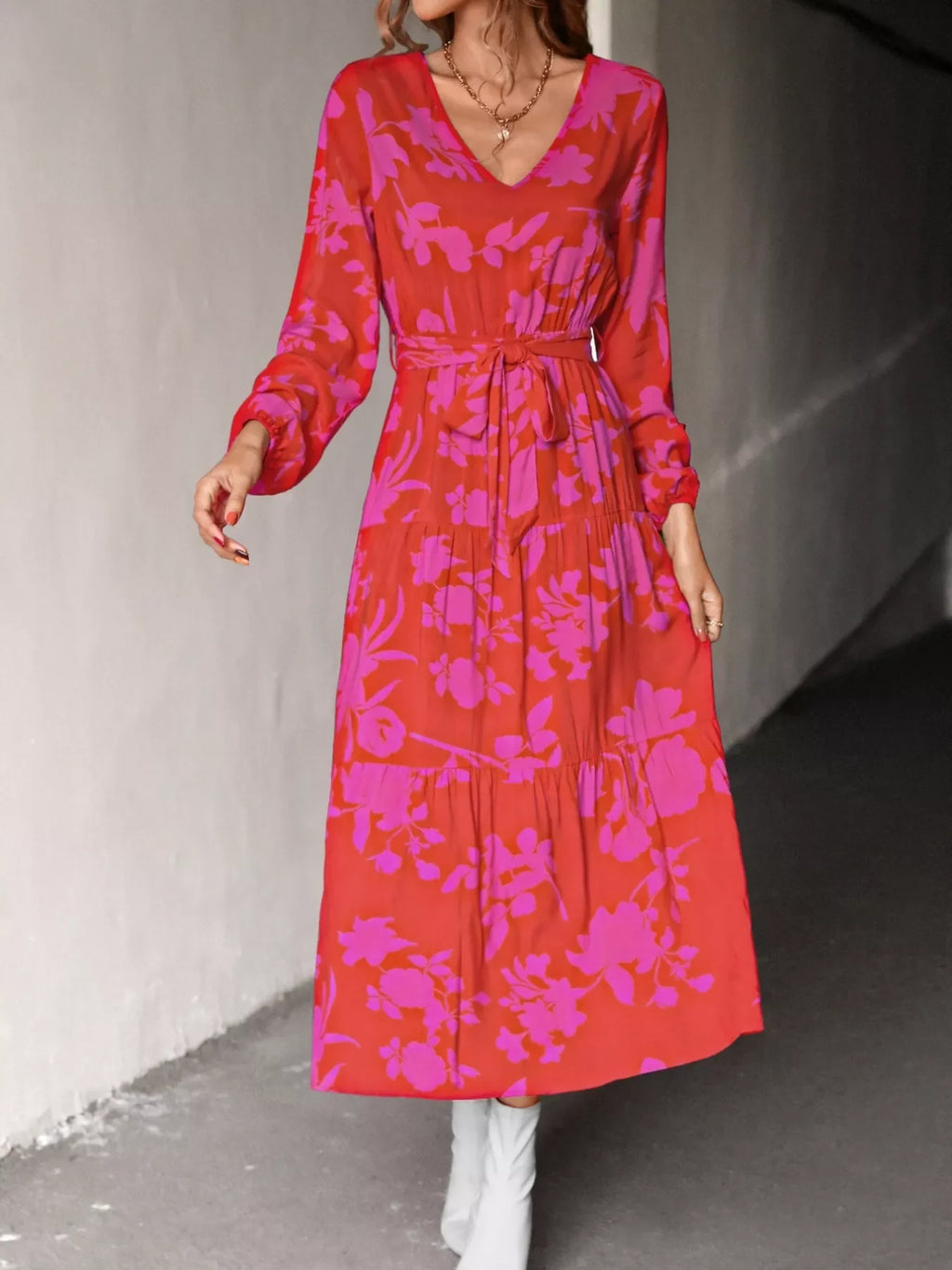 Printed V-Neck Balloon Sleeve Dress ccf67faa-833e-4aa7-829d-de818ddf7cb8-Max-Origin