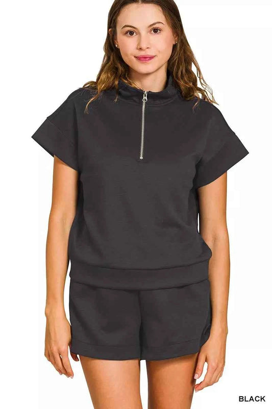 Zenana Scuba High Neck Half Zip Top and Dolphin Shorts Set BLACK ccf9d822c7e7458c8cf3a1b9312dacfb-Max-Origin