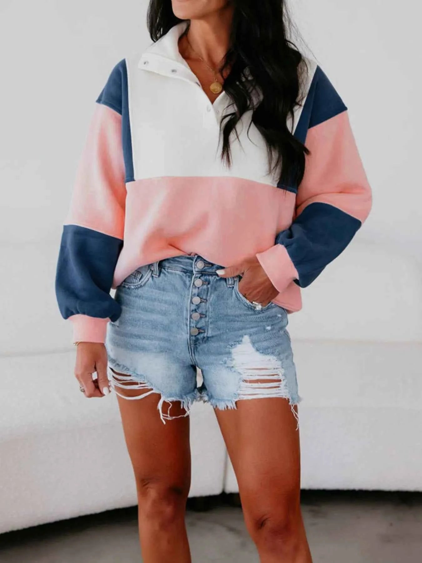 Colorblock Patchwork Half Button Baggy Sweatshirt ccf9f844-9cad-4f25-99e2-33d5e64be228-Max-Origin
