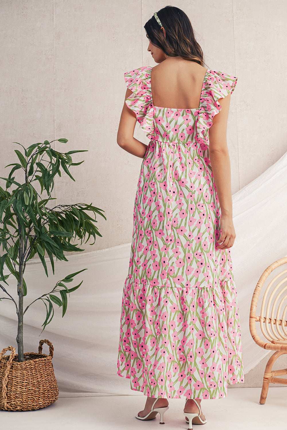 Blue Floral Print Square Neck Ruffled Strap Maxi Dress cd018cd9b9d4d42c-_10