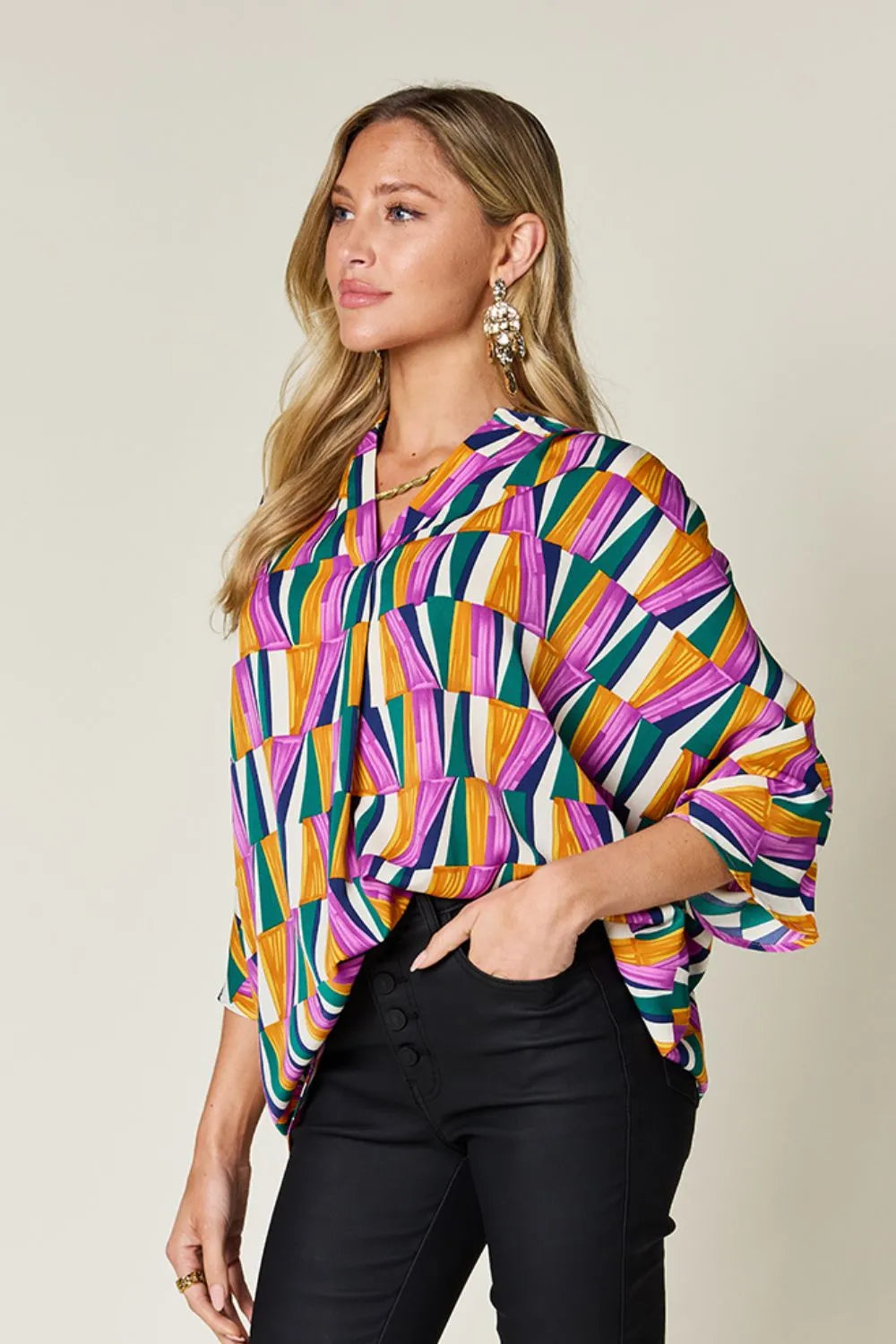 Double Take Full Size Geometric Notched Dolman Sleeve Top cd030f54-1757-43d8-a5dc-78a979b9642b-Max