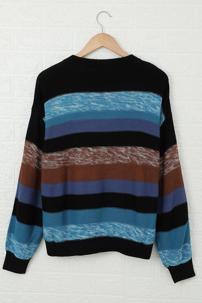 Contrast Striped Round Neck Drop Shoulder Sweater