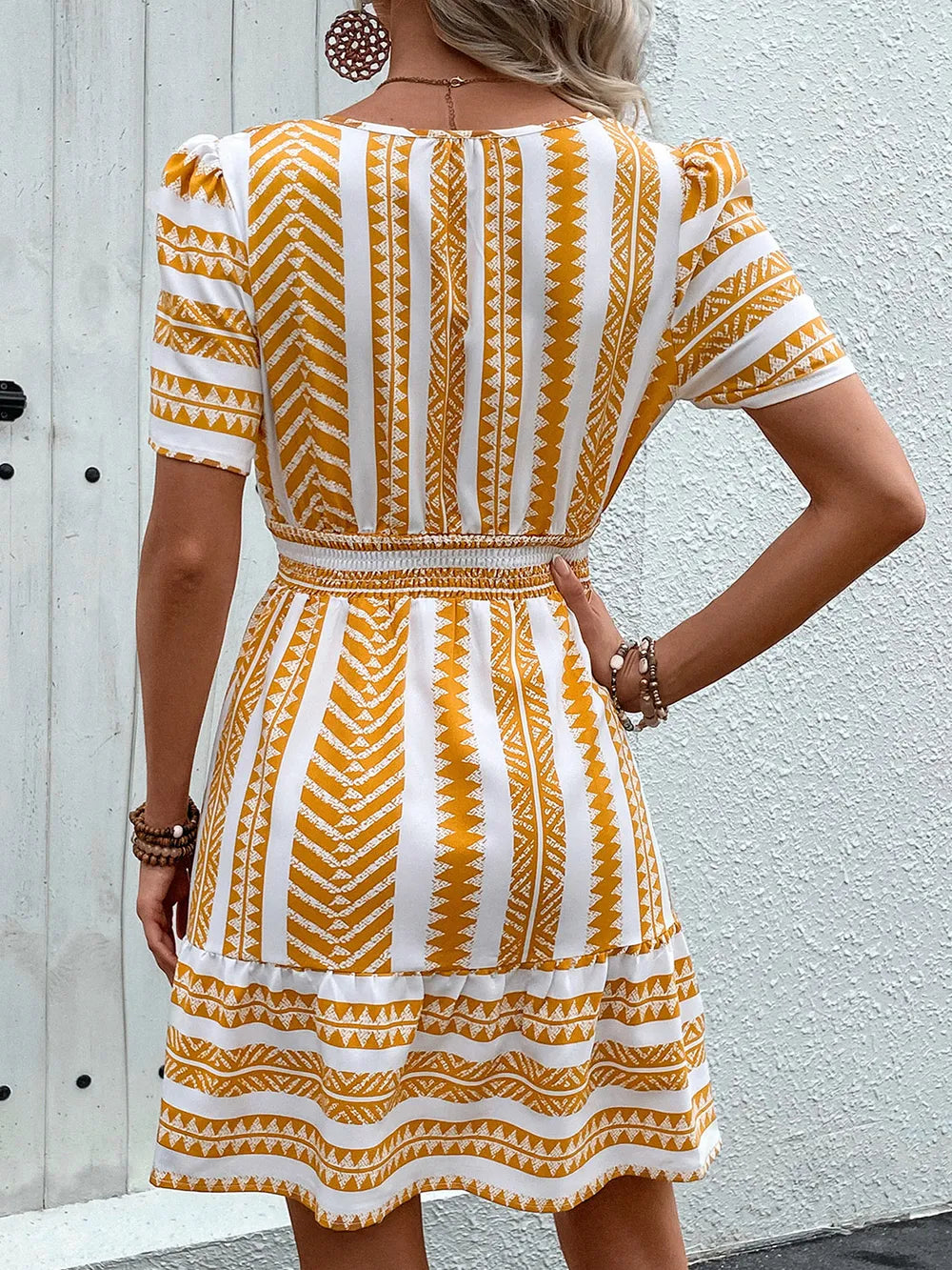 Perfee Geometric Notched Short Sleeve Mini Dress cd055937-e1e4-4679-bc98-99b5fdc16484-Max