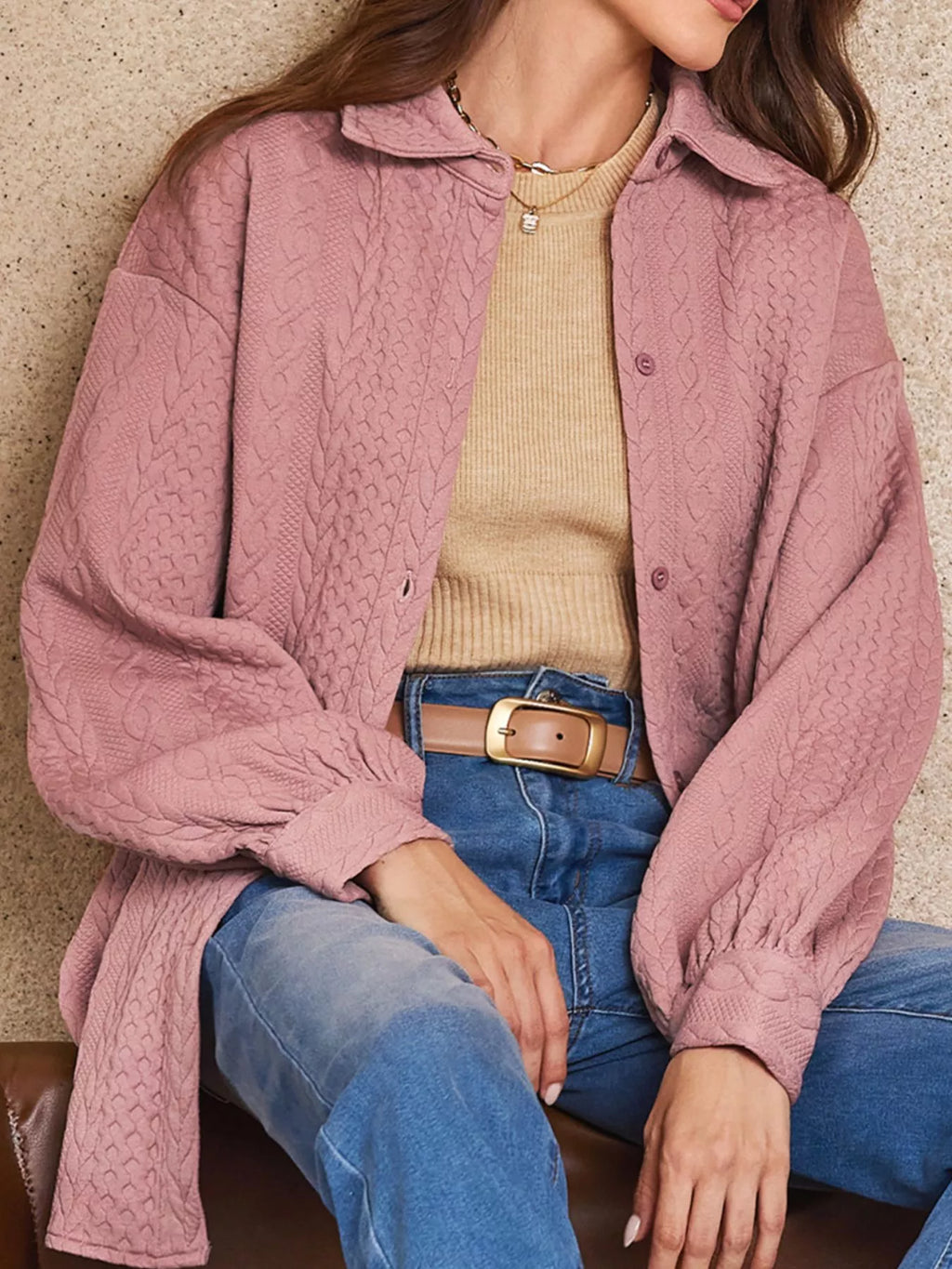 Cable Texture Puff Sleeve Loose Shacket cd058186-d403-452c-b6db-562b52f37eef-Max-Origin