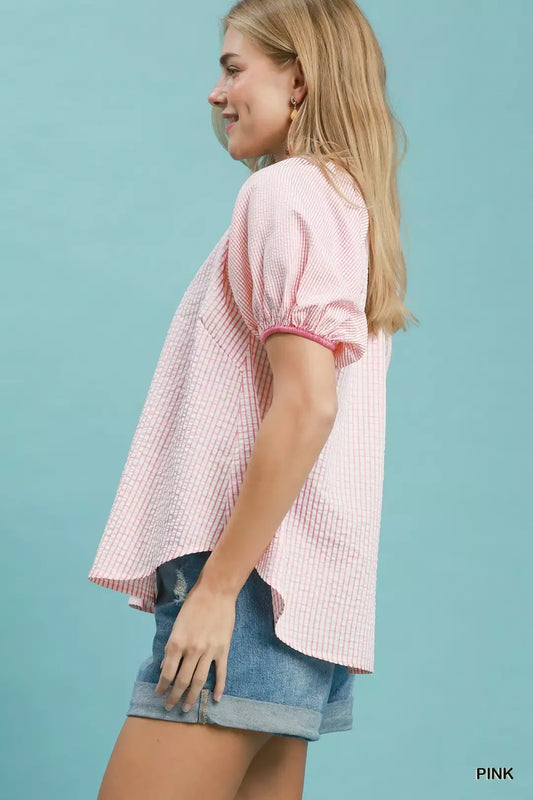 Checker Puff Sleeve Button Front Blouse cd05c279-e628-43c3-83d5-df1e4261884a-Max-Origin