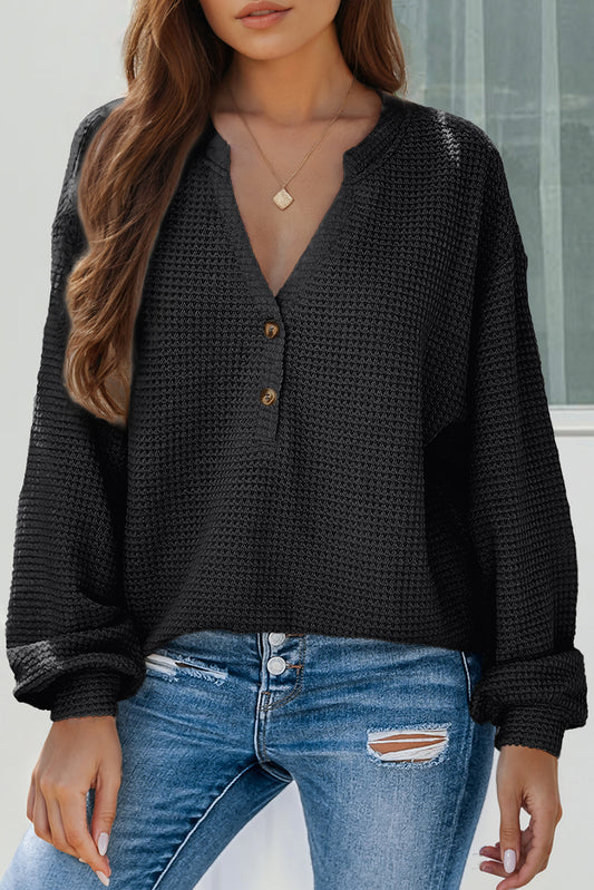 Black Button Notched Neck Waffle Knit Long Sleeve Top Black 95%Polyester+5%Elastane cd0e7785d3c21904