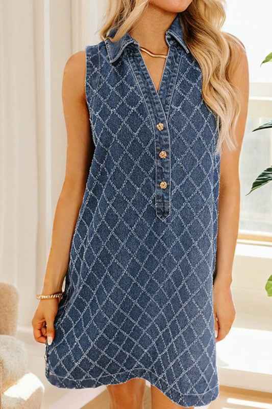Denim Textured Collared V-Neck Mini Dress Sail Blue cd147982-eb1a-47e7-86ec-30f0808ae9cb