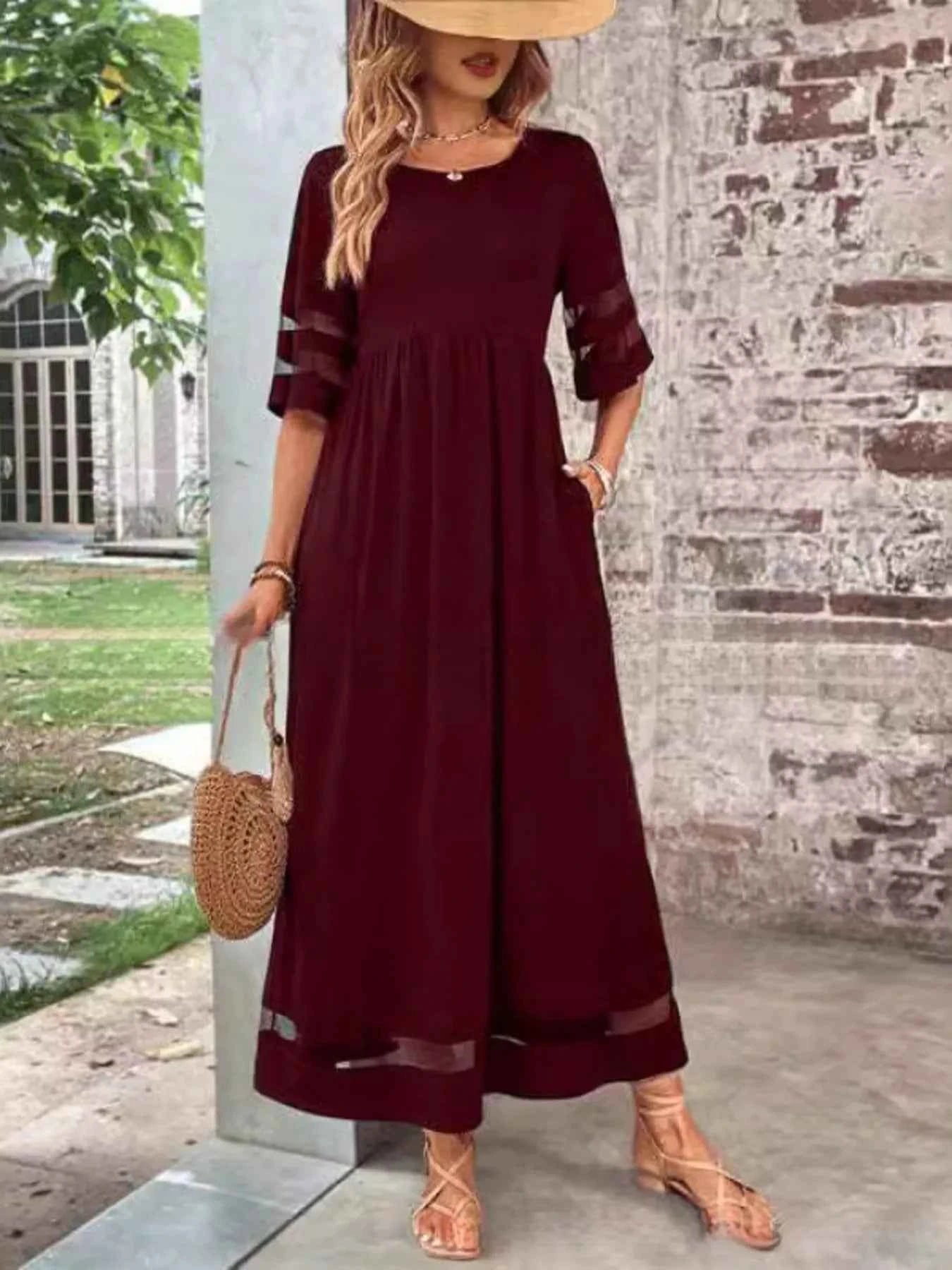 Full Size Round Neck Half Sleeve Dress Plus Size Burgundy cd154415f2b74d388d64538ba91ac21e-Max-Origin
