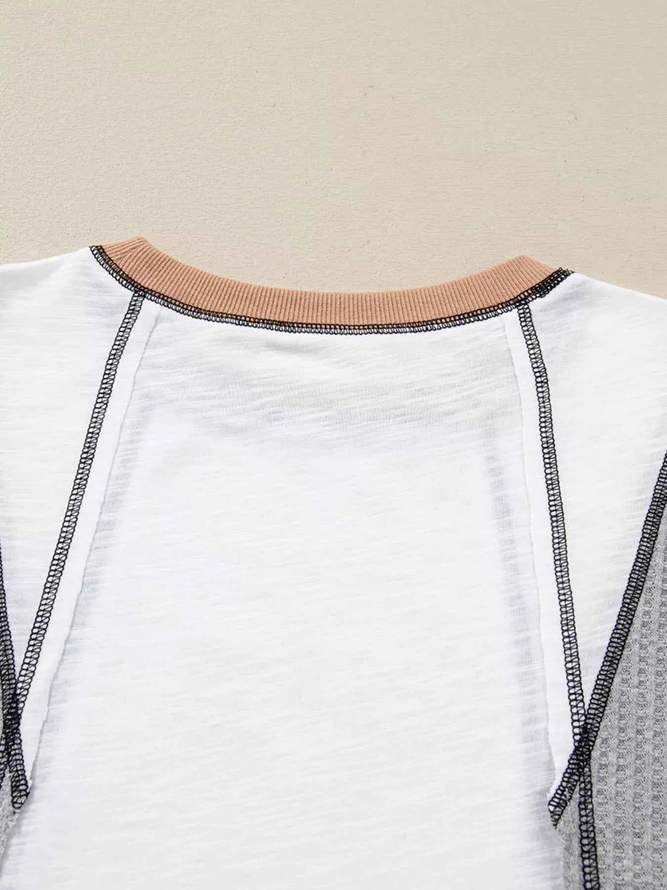 Color Block Textured Knit Patchwork Casual Top cd16be38c2f2485cb190bbc196349048-Max-Origin