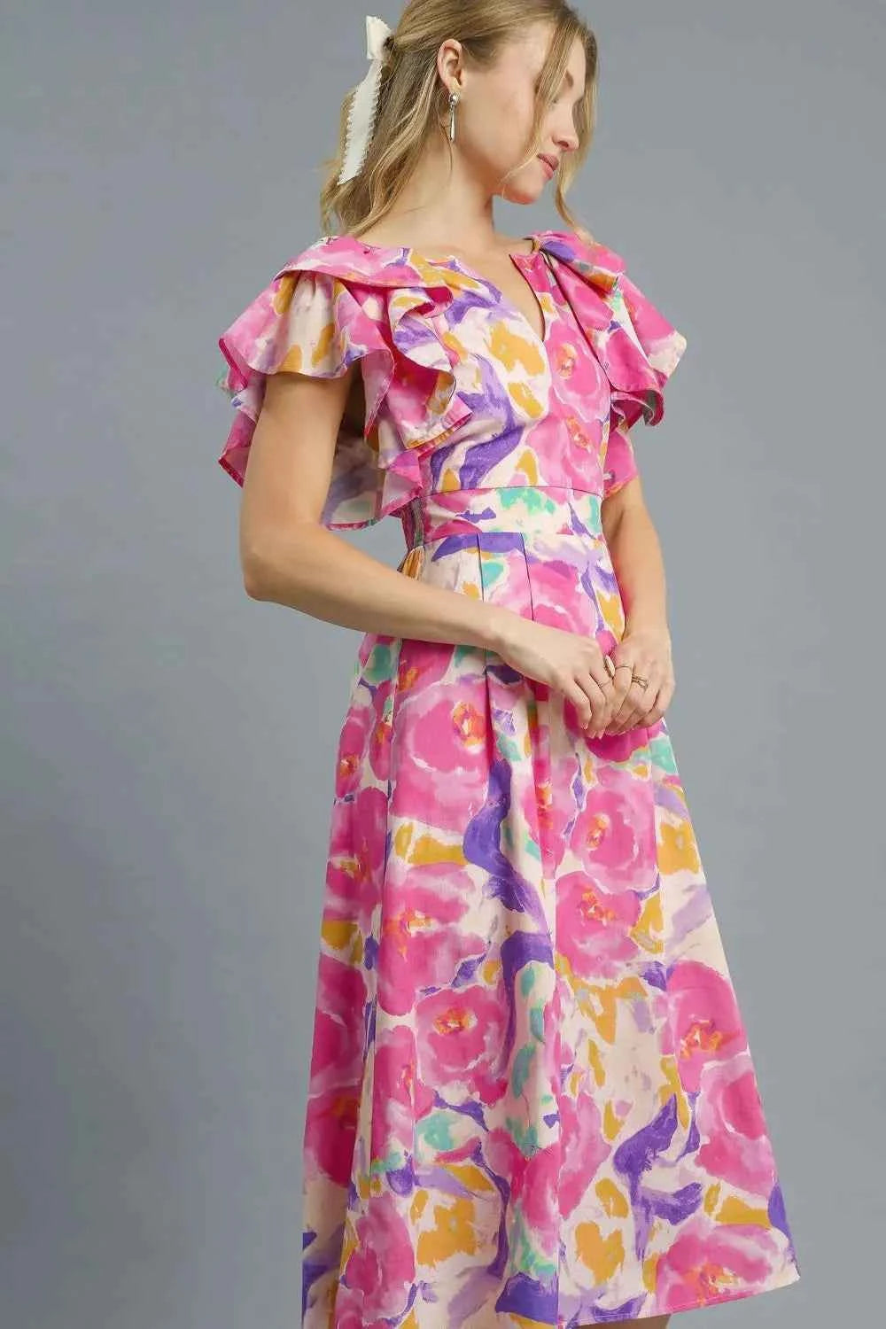 Umgee Floral Ruffled Cap Sleeve Midi Dress cd16e0b7-44fa-4903-9c94-ac0f23536571-Max-Origin