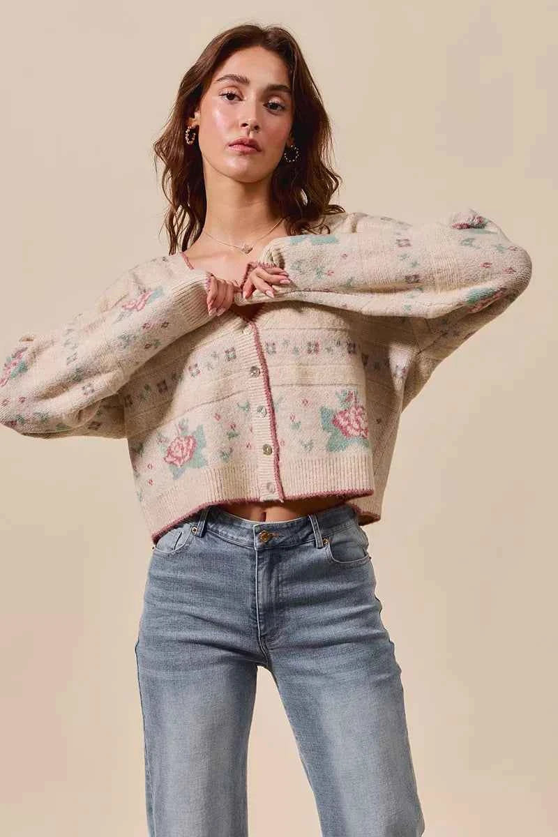 SO ME Floral Pattern Long Sleeve Button Sweater Cardigan cd1916dd68b44e78b0a385867e04e881-Max-Origin
