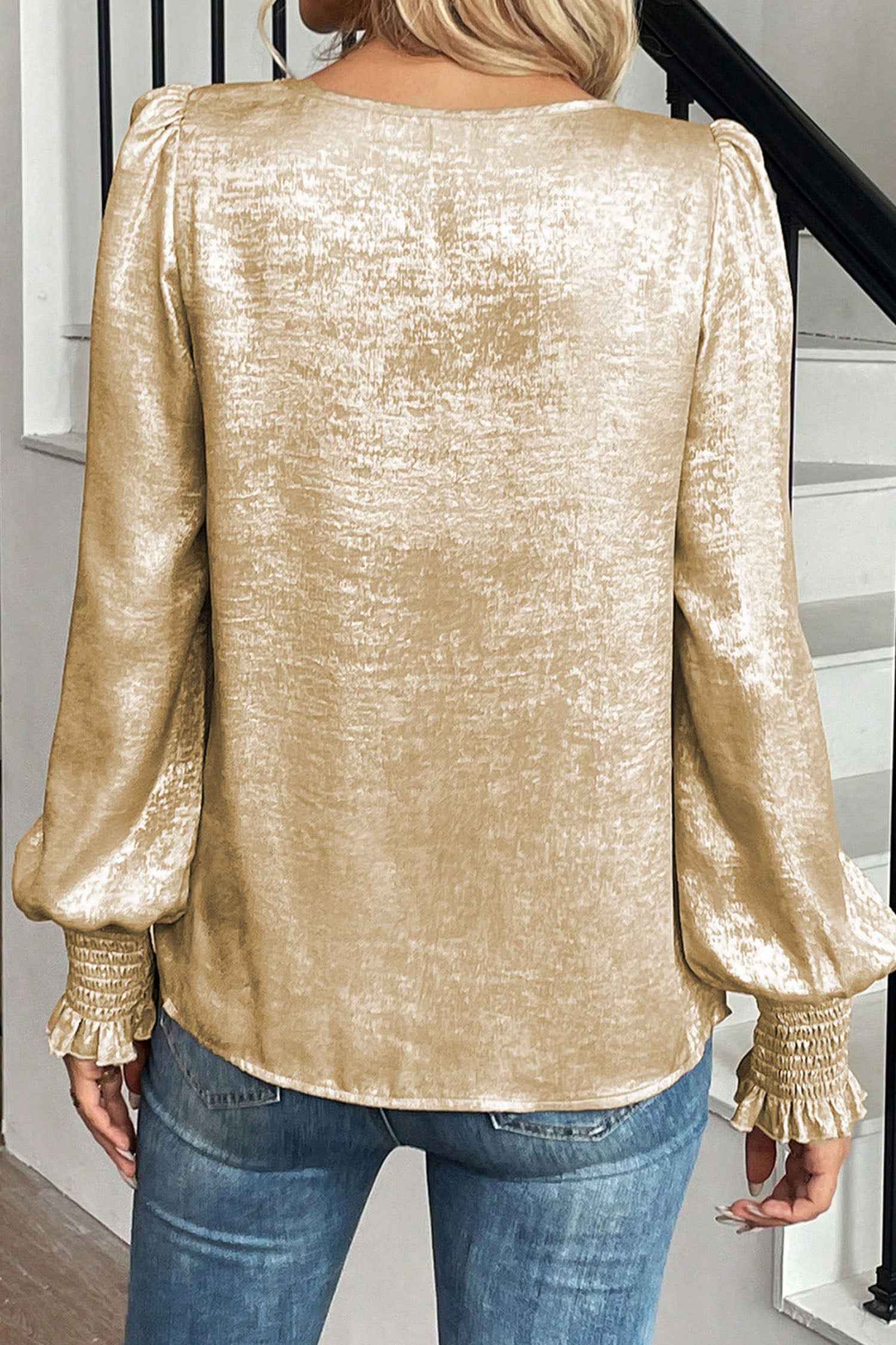 Apricot Plus Size Metallic Long Flounce Sleeve Blouse cd1aa2c83bcc229f