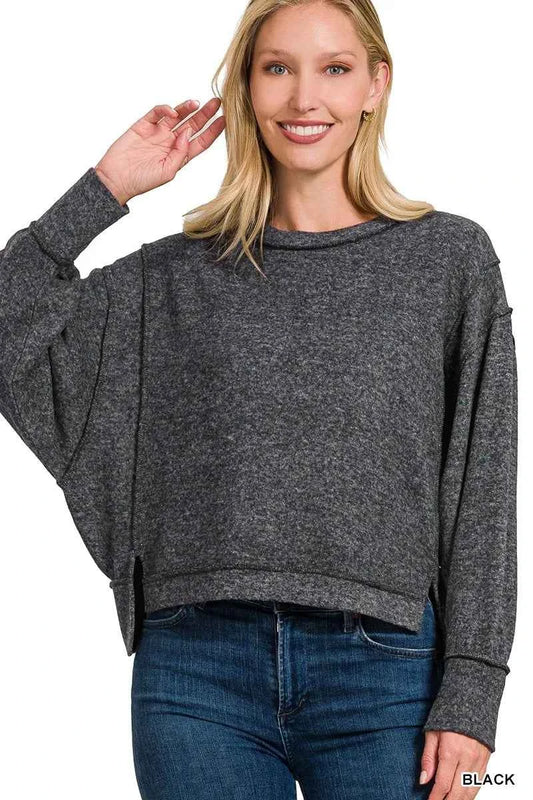 Zenana Brushed Melange Hacci Oversized Pullover BLACK cd1e2d87e334447fb700d78f69a71c4e-Max-Origin