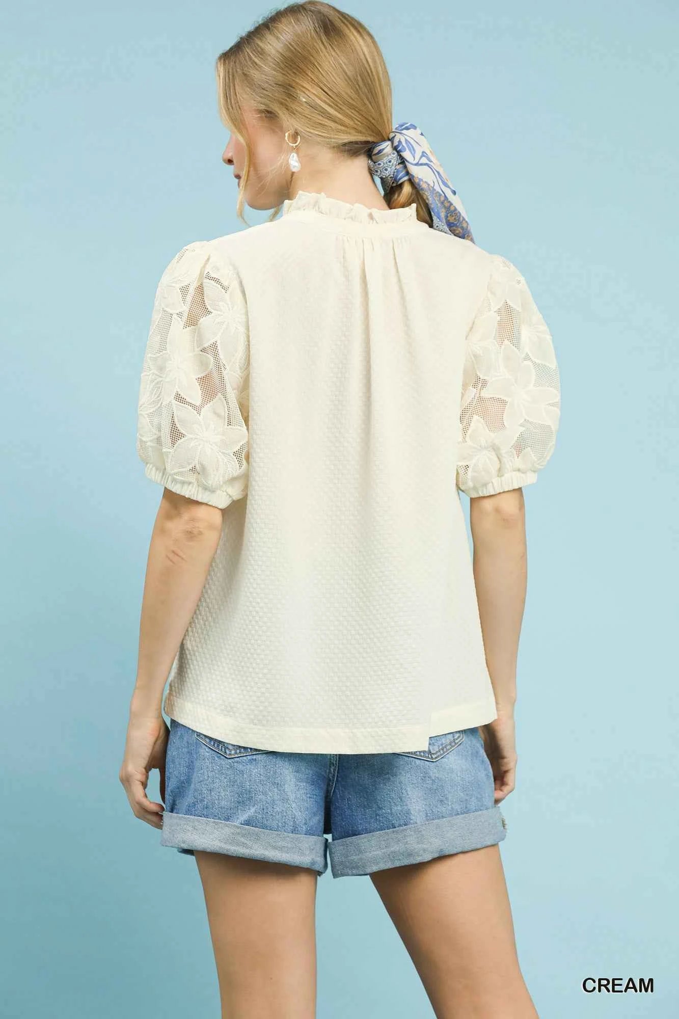 Umgee Textured Blouse with Lace Contrast Sleeves cd220c95-6b52-41ee-bad5-9c84d85092a2-Max