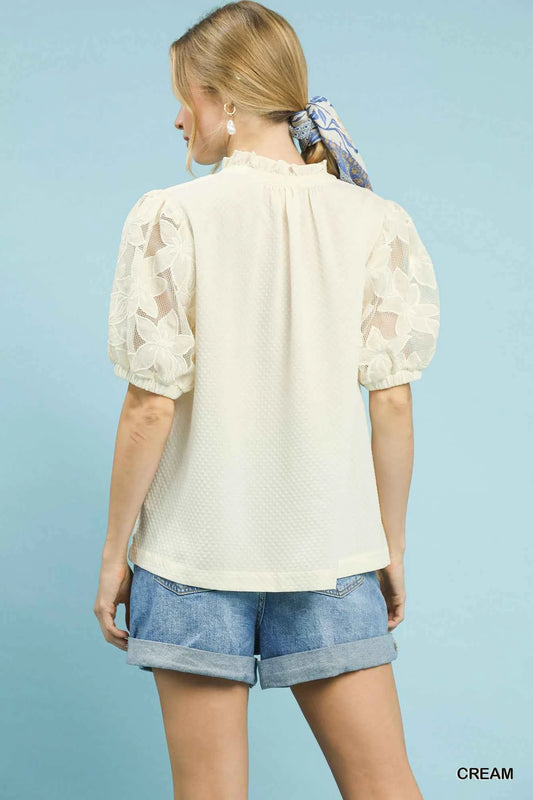 Umgee Textured Blouse with Lace Contrast Sleeves cd220c95-6b52-41ee-bad5-9c84d85092a2-Max