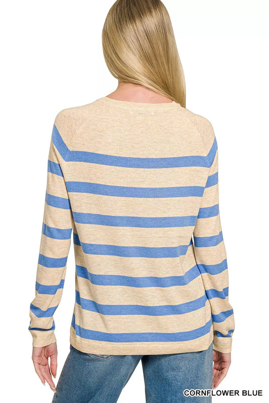 Lightweight Wool Blend Striped Round Neck Sweater cd28432e-f8b8-4762-92c6-24c999d38af9-Max-Origin