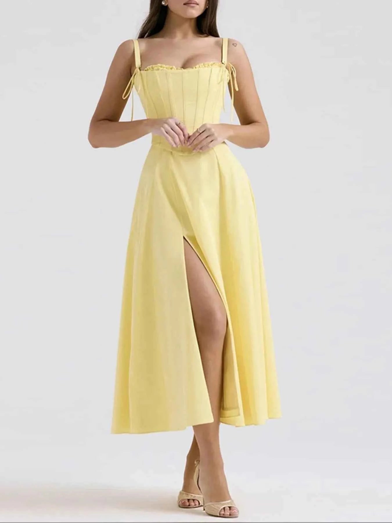 Slit Sleeveless Zip Back Midi Dress Yellow cd2dee29670942dfbac447f8890c8c43-Max-Origin