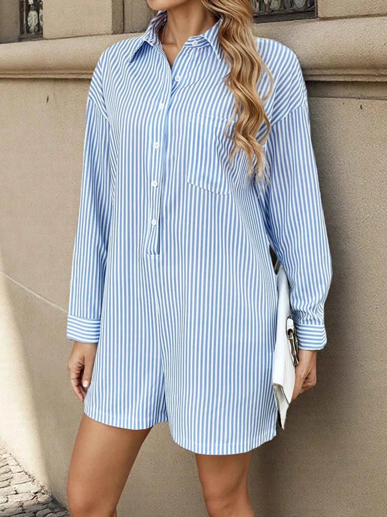 Striped Button Front Long Sleeve Romper cd2f9451ea7c44aab7544450e70fed30-Max-Origin