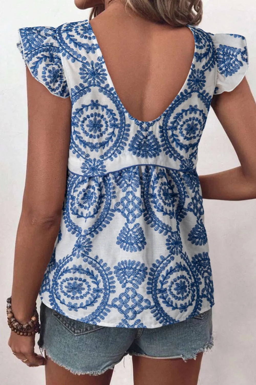 Boho Print Ruffled Cap Sleeve Crew Neck Blouse cd342ebd-35d6-4781-8755-0a717119a63b-Max-Origin