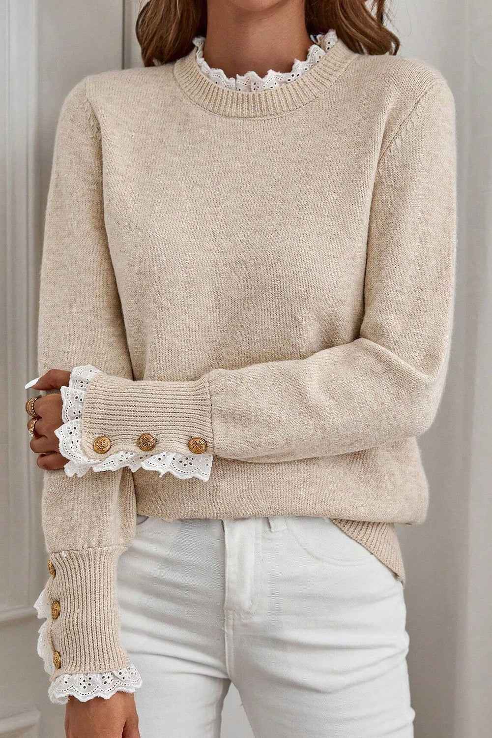 Racing Red Lace Trim Patchwork Buttoned Cuffs Loose Sweater Jet Stream 50%Acrylic+27%Polyester+23%Polyamide cd37b831f85737f3