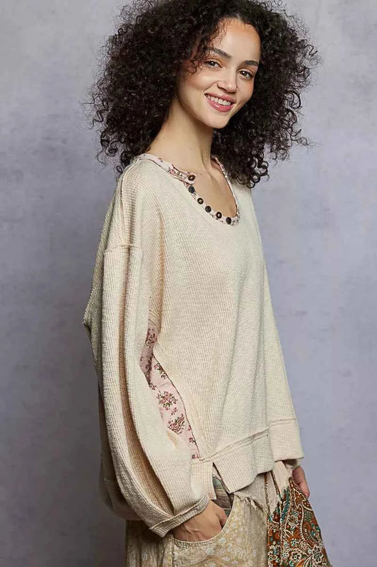 Balloon Sleeve Oversized Ribbed Top with Floral Pattern Contrast cd380225-52d6-4247-b518-baaa0a77e10a-Max-Origin