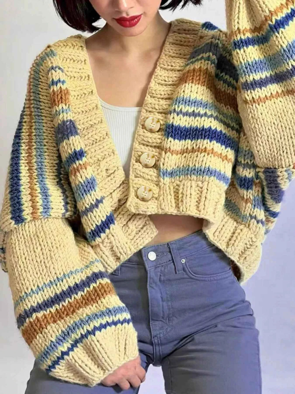 Chunky Knit Striped Cropped Cardigan Apricot cd39e5d5b10e42eb93c4567ee2cc94c0-Max-Origin