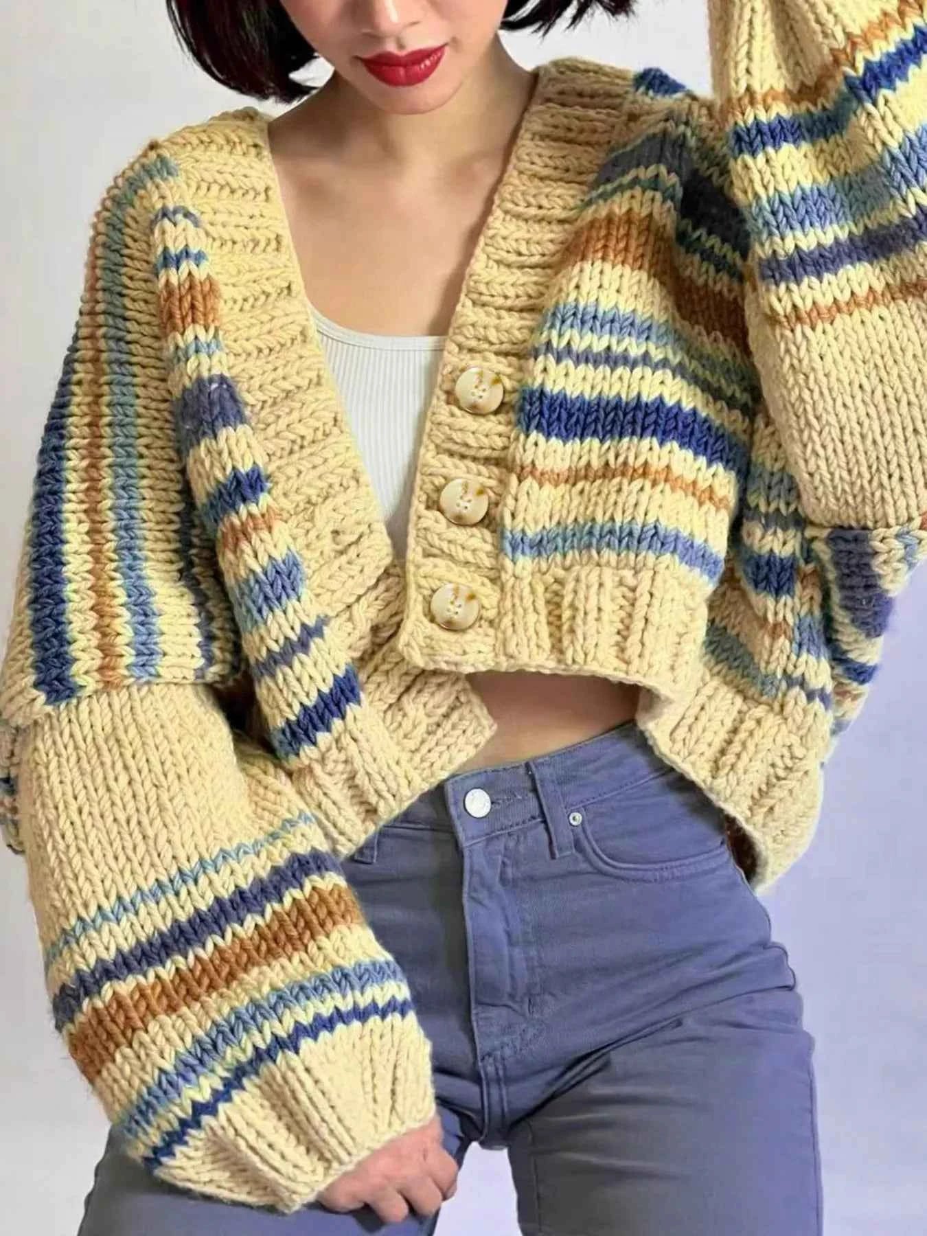 Chunky Knit Striped Cropped Cardigan Apricot cd39e5d5b10e42eb93c4567ee2cc94c0-Max-Origin