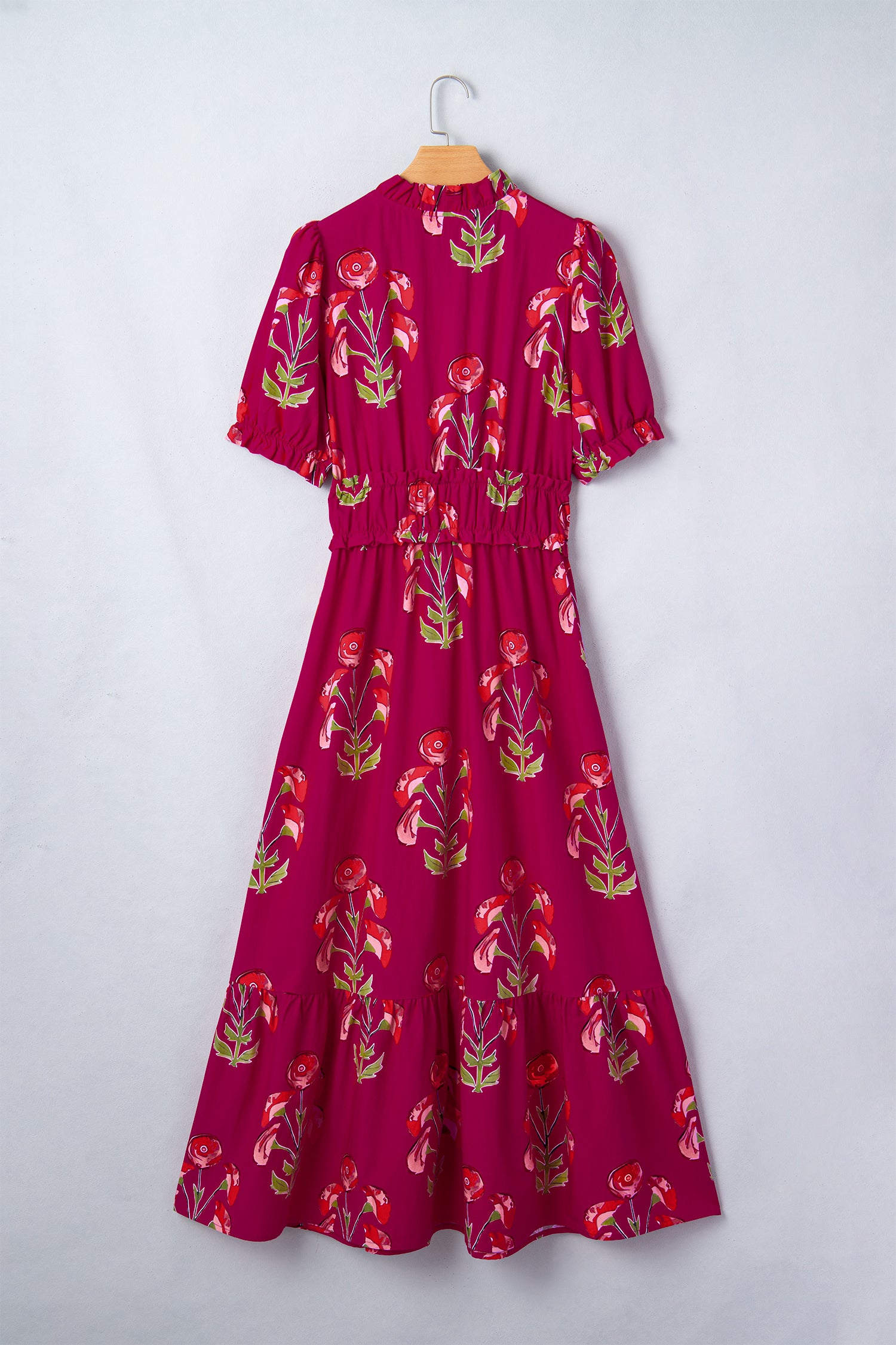 Red Floral Print Frilled V Neck Short Sleeve Ruffle Maxi Dress cd3ba49f276bf834