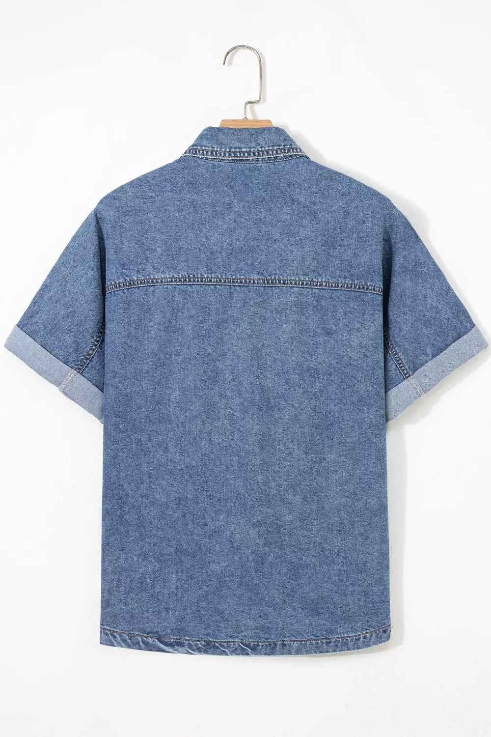 Button Flap Pocket Cuffed Short Sleeve Denim Shacket