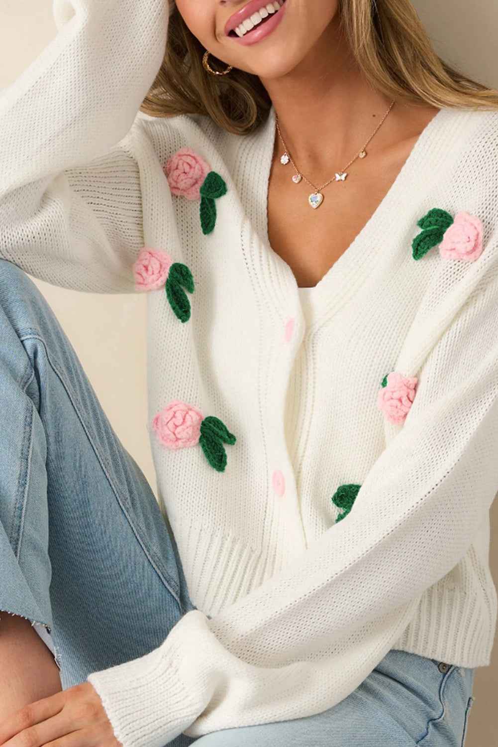 White 3D Flower Decoration Sweater Cardigan White cd45b4bea766ab2a