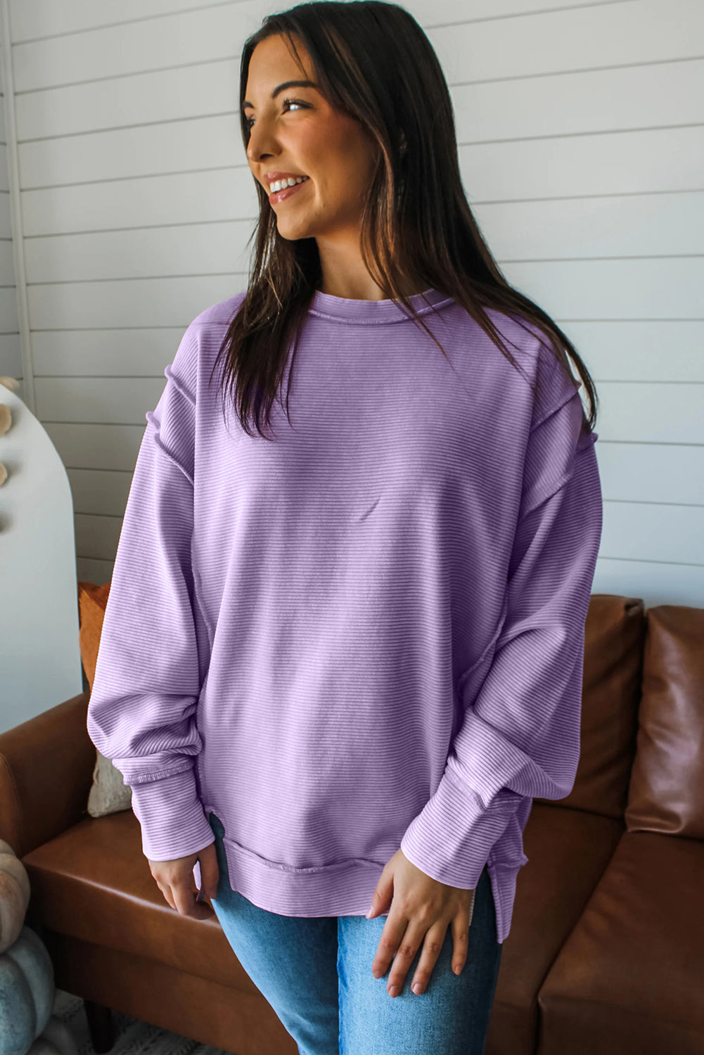 Lavendula Horizontal Ribbed Exposed Seam Detail Drop Shoulder Baggy Pullover cd46aeb67dc75f74