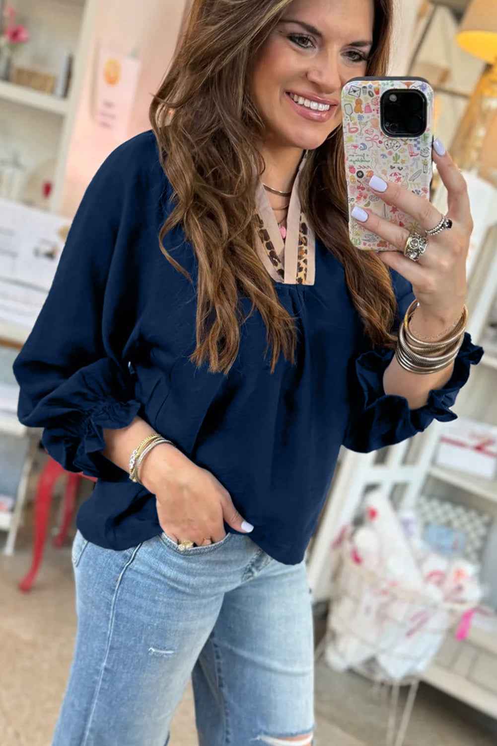 Dirty blue Leopard Trim V Neck Flounced Bracelet Sleeve Blouse cd4f1a8aee385c7a