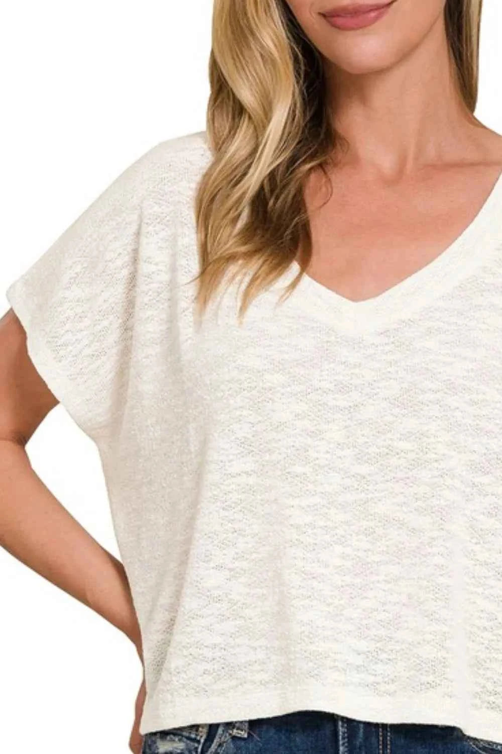 Zenana Hacci Slub V-neck Drop Shoulder Crop Top cd523ea4-2bb6-464b-a8c4-d89f14d98d3e-Max-Origin