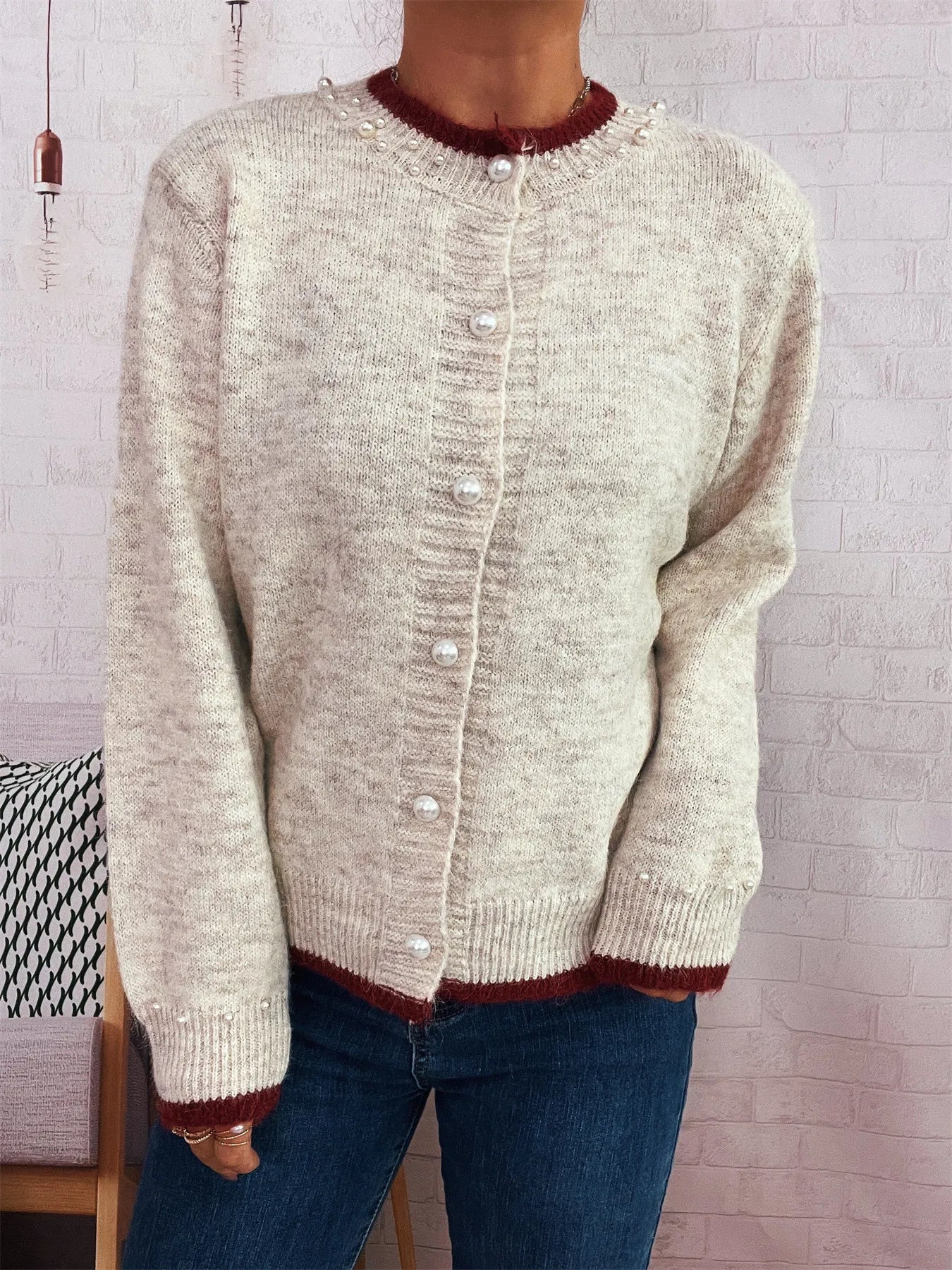 Pearl Embellished Button-Front Cardigan Apricot One Size cd52ef95b2b8449dabc6111e30969b0d-Max-Origin