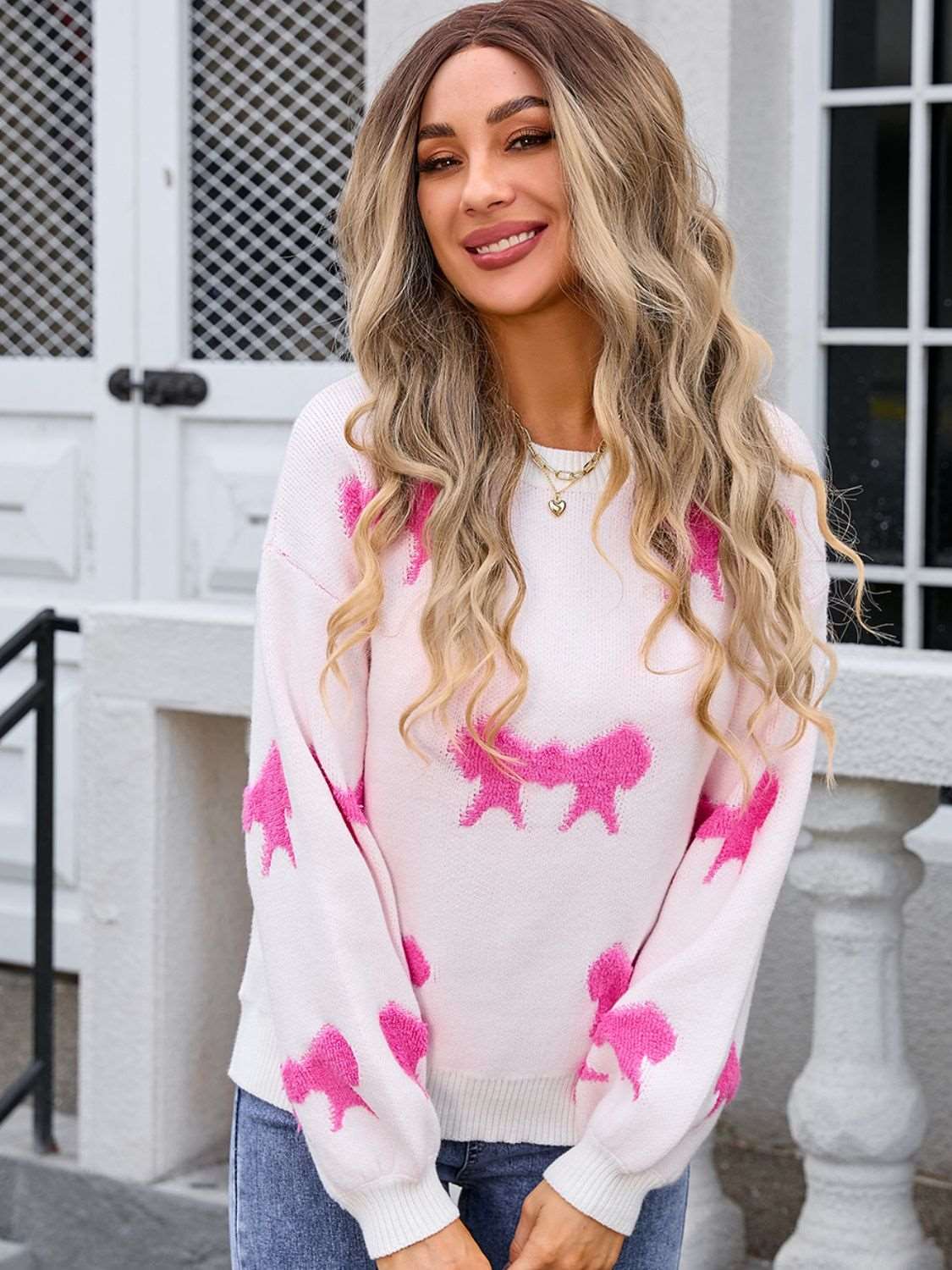 Angel Wings Bow Round Neck Dropped Shoulder Sweater