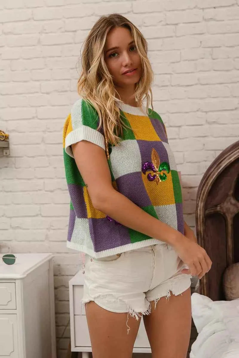 BiBi Sequin Embroidery Mardi Gras Checker Sweater Top cd56396353644900a88e3e1b660dee58-Max-Origin