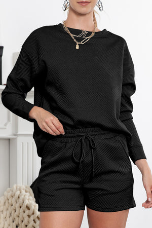 Black Textured Long Sleeve Top & Drawstring Shorts Set Black 95%POLYESTER+5%ELASTANE cd5e085d2c9ecd5b