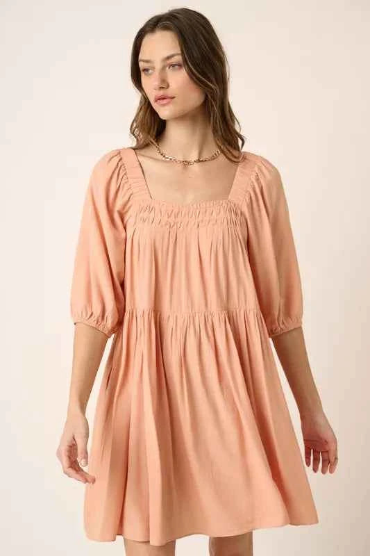 Mittoshop Pintuck Detail Tie Back Mini Dress Apricot cd608a9b-71bb-4a9d-a978-3c898dbee212-Max