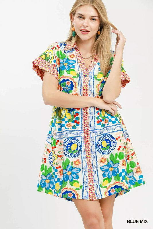 Mediterranean Print Dress with Contrast Printed Trim BLUE MIX cd624d08-9ad5-4bbb-bcbb-8a7b735e0c60-Max-Origin