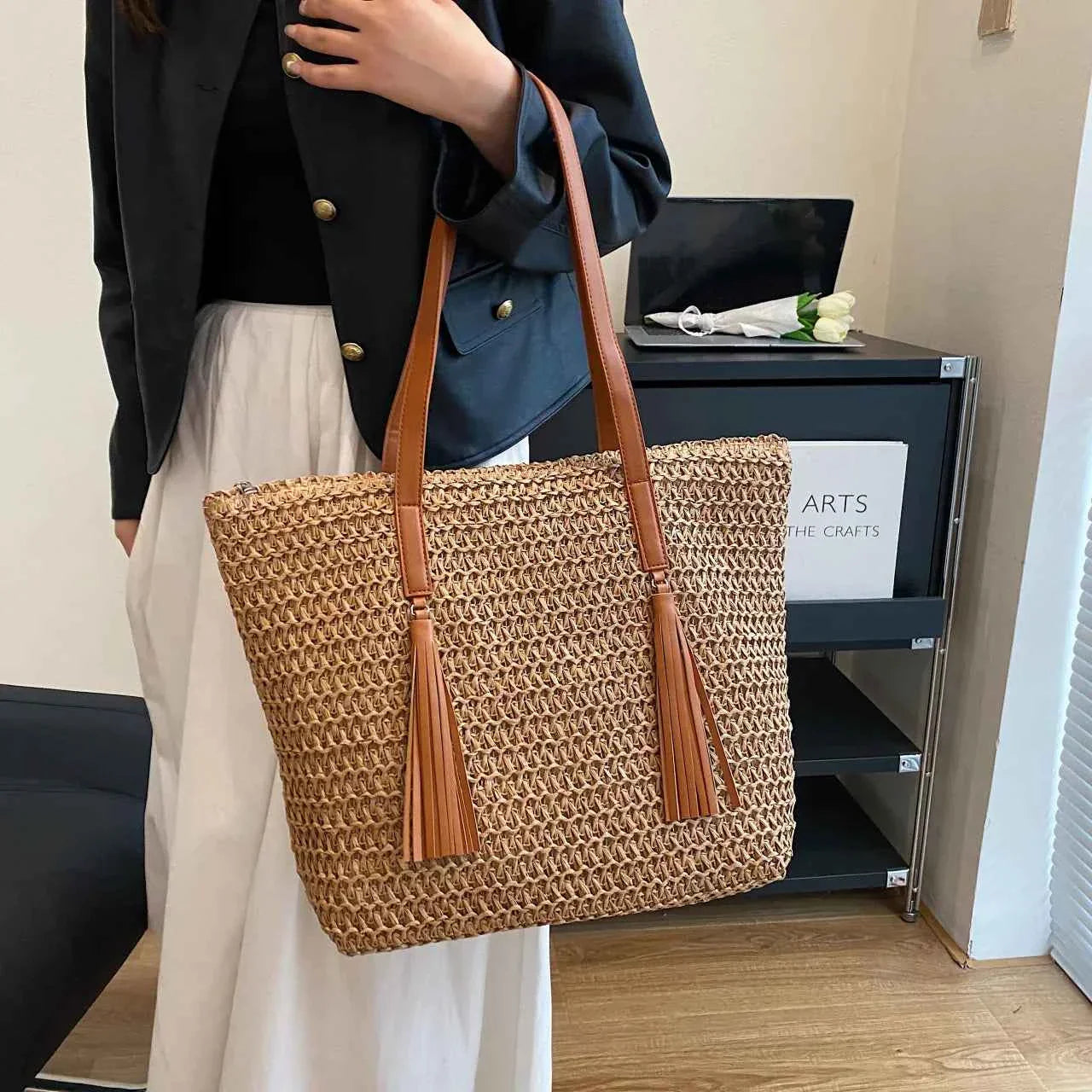 Woven Straw Tote Bag with Leather Handles Khaki onesize cd6270dfd6804b53ae0cb307aba0f23d-Max-Origin