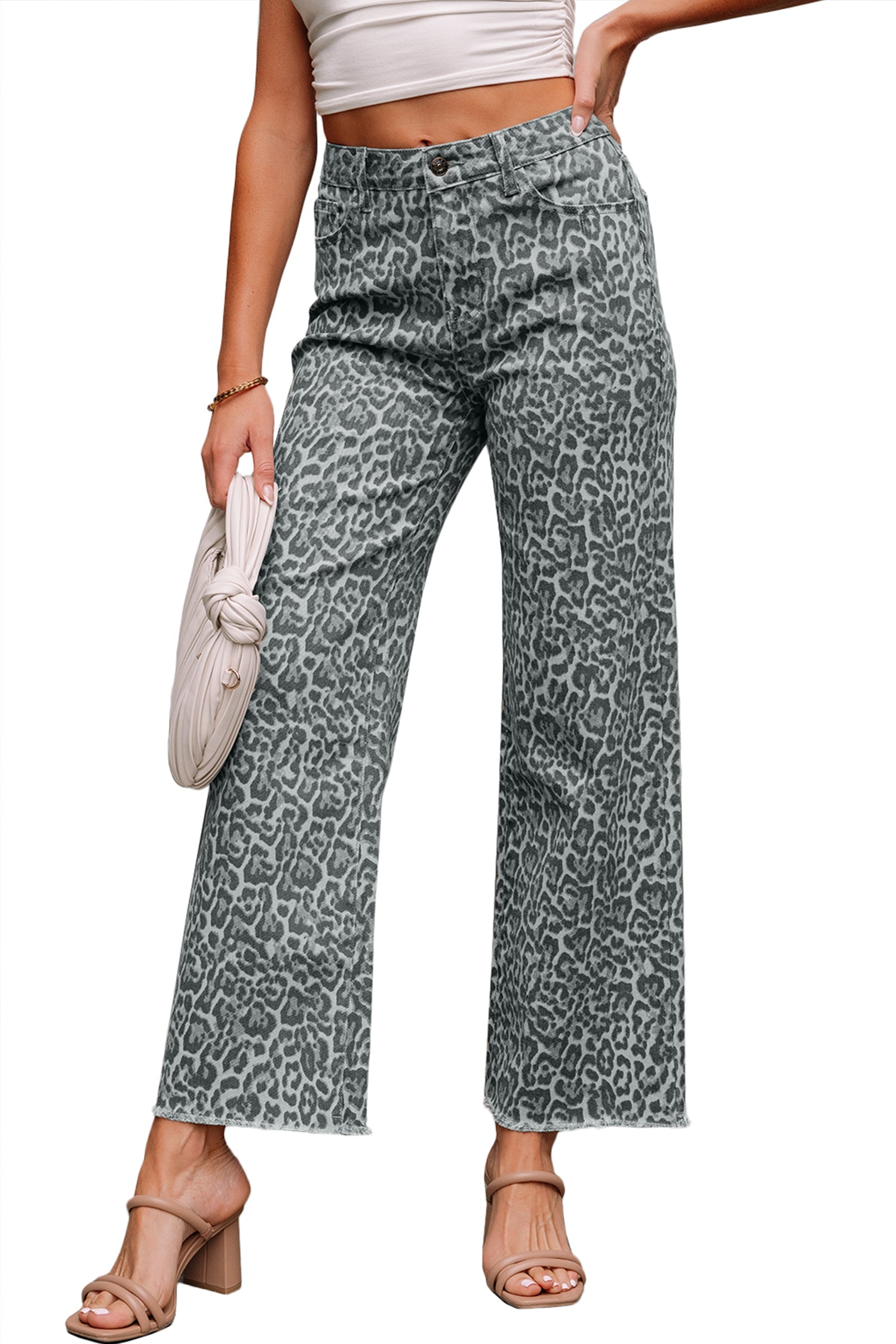 Gray Leopard Frayed Edge Wide Leg High Waist Jeans cd62eb8b4846d832