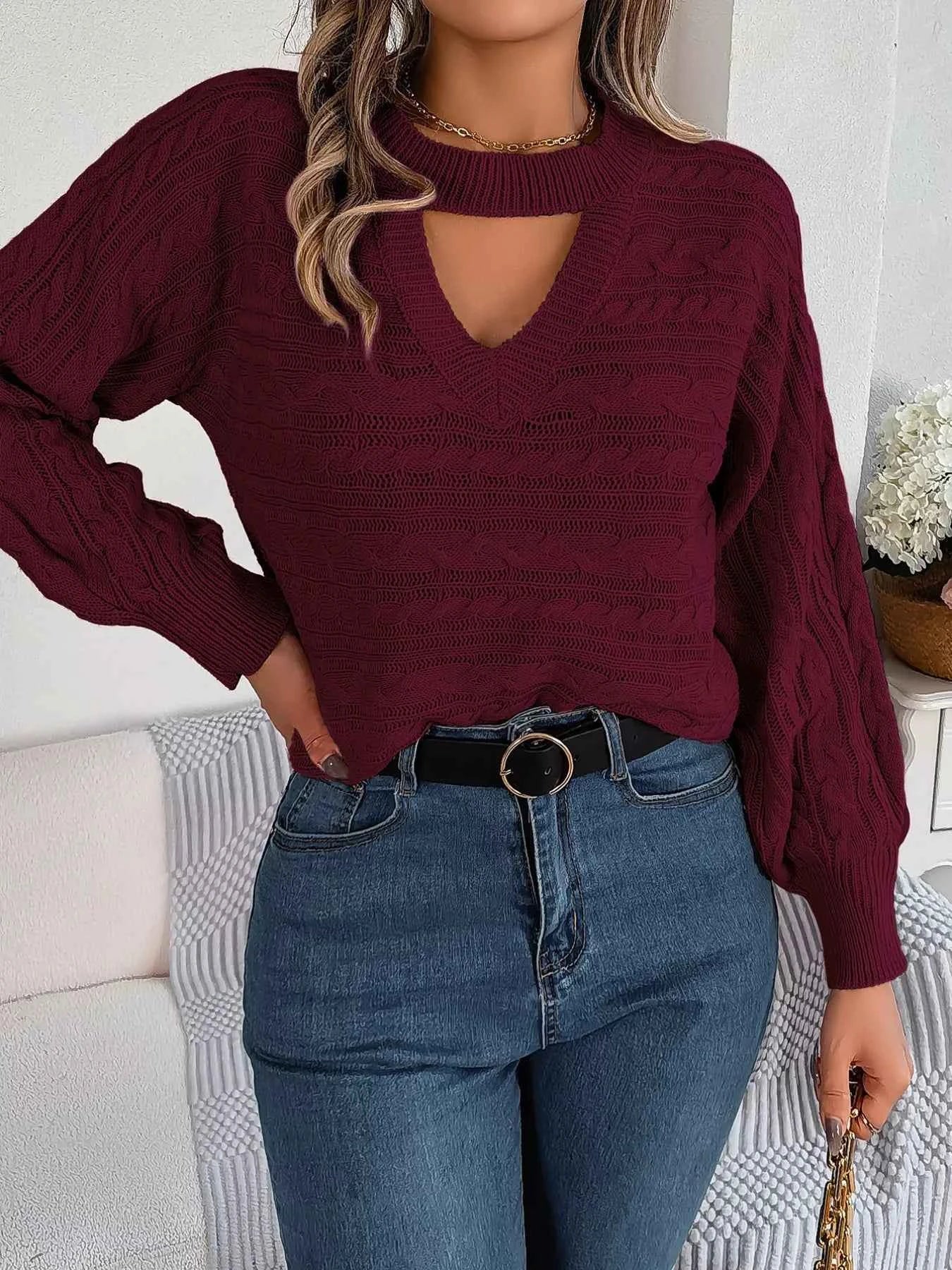 Cable-Knit Cutout Round Neck Sweater cd630fb7-9576-43ba-a40a-b352eed56eb9-Max-Origin