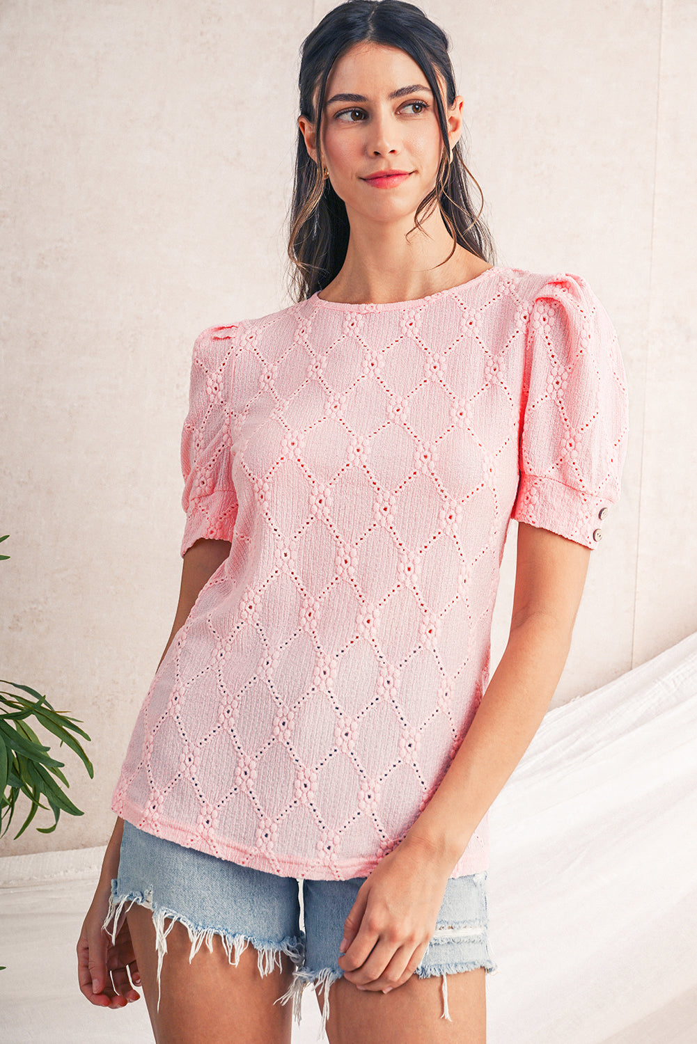 White Embroidered Floral Geometric Button Short Sleeve Top cd6727b640d45a77