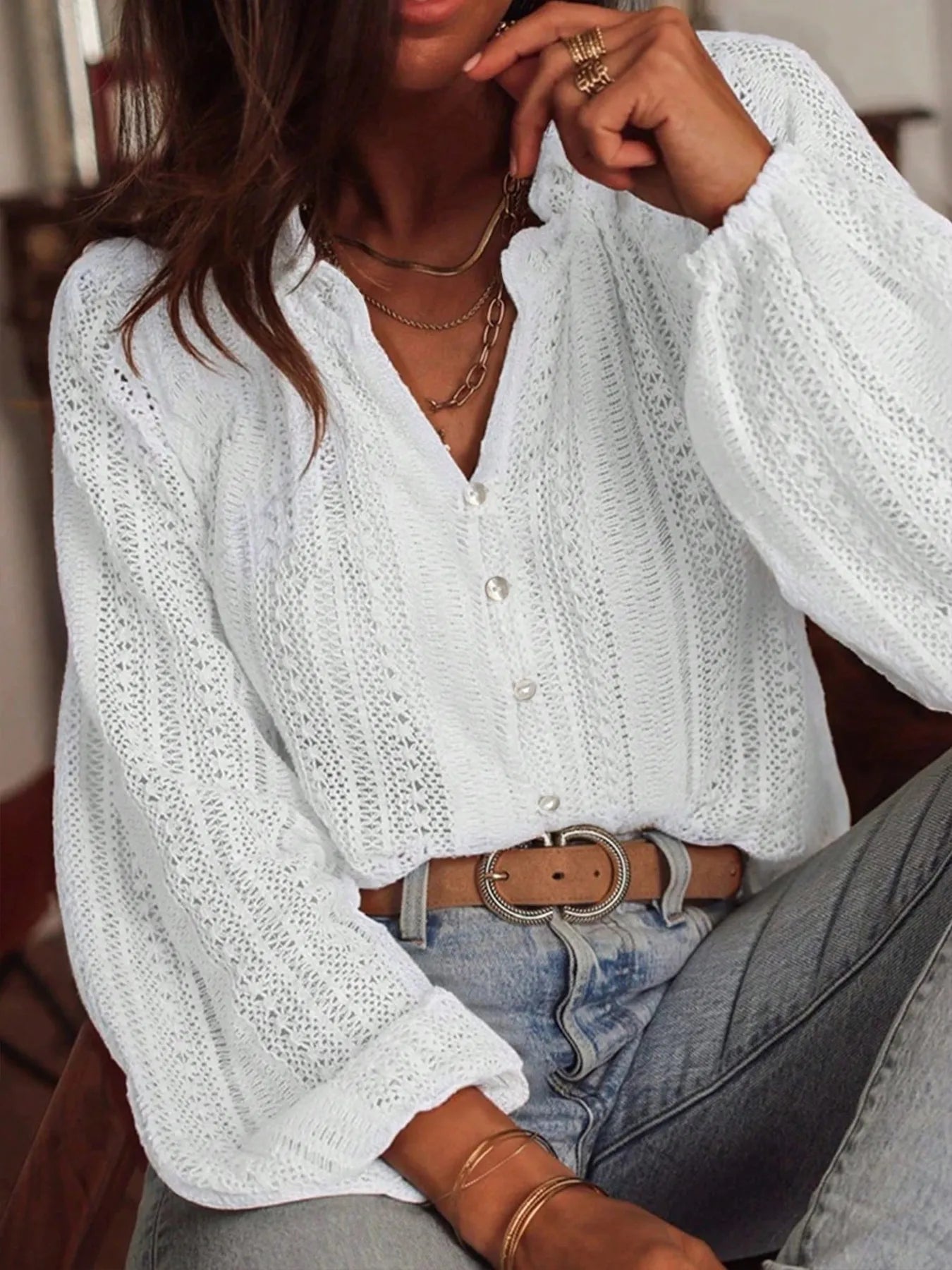 Crochet Notched Button-Front Shirt White cd689cf8d2674ff394d921bd6e41d092-Max-Origin